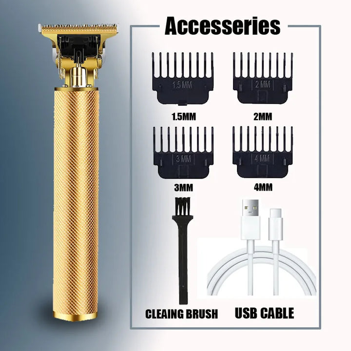 Professional Hair Styling Kit T9 Electric Hair Trimmer avec accessoires, notamment peignes et câble USB.