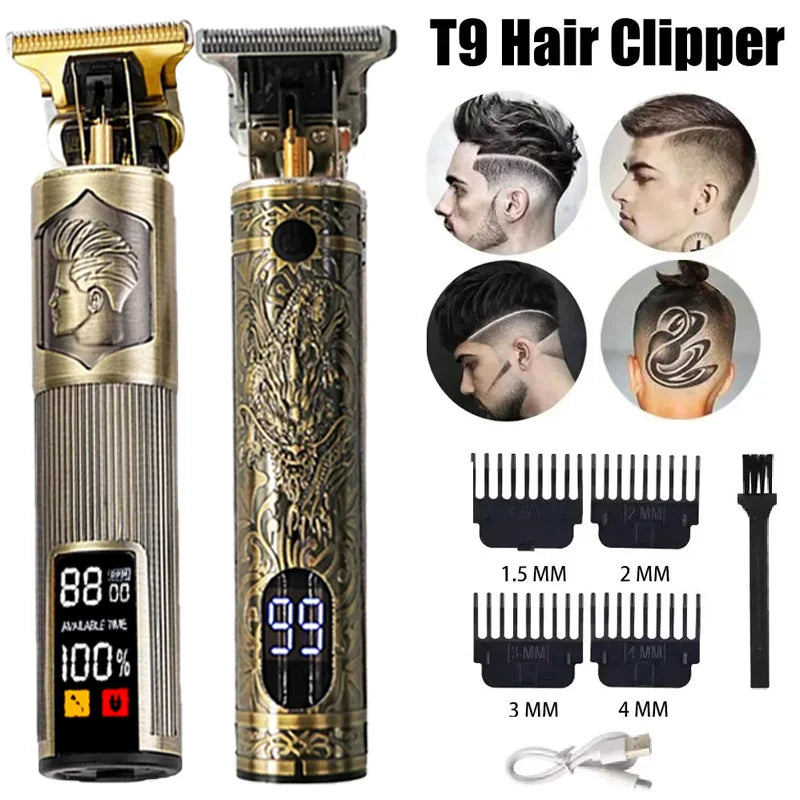 Professional Hair Styling Kit T9 Electric Hair Trimmer with digital display, showing different haircut styles and included clipper guards.